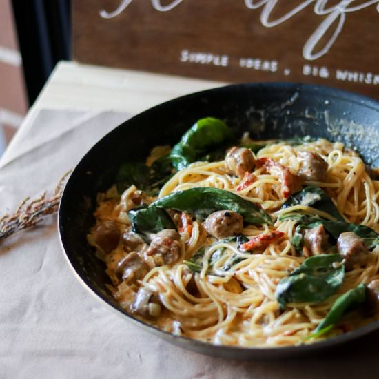 Sundried-tomato Basil Sausage Pasta - Recipe photo by KoalifiedBaking