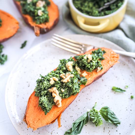 Kale Pesto Stuffed Sweet Potatoes - Recipe photo by atasteofwellbeing