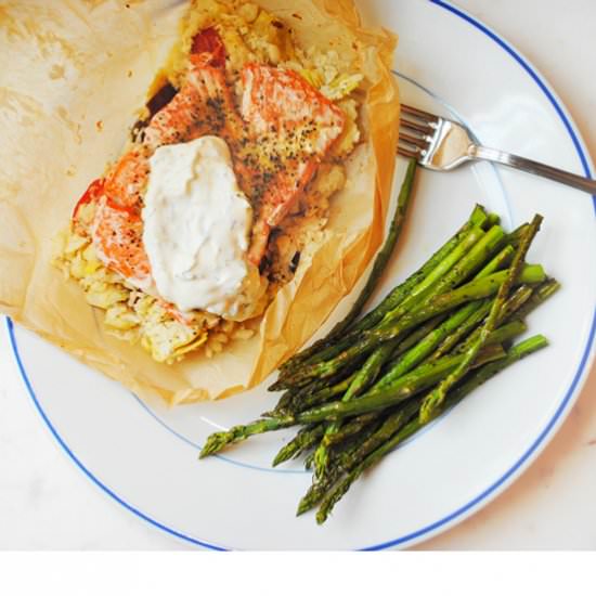 Salmon Parchment Greek Cauliflower - Recipe photo by The Anchored Kitchen