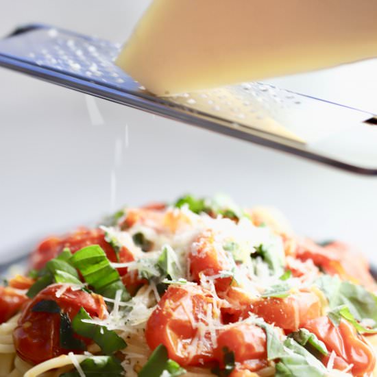 Spaghetti with Cherry Tomato Sauce - Recipe photo by Grits and Pinecones