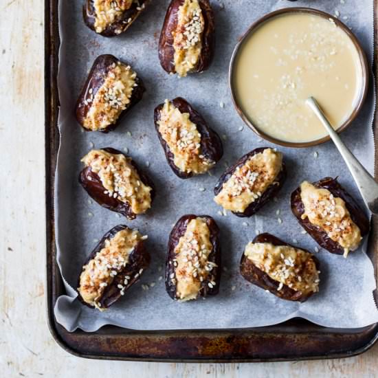 Coconut Tahini Stuffed Dates - Recipe photo by Nourish Everyday