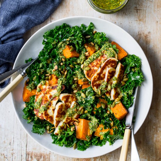 Halloumi Kale Salad with Pesto - Recipe photo by Nourish Everyday