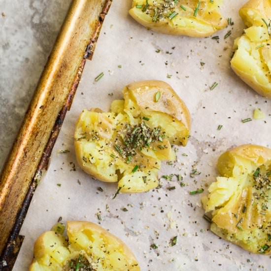 Crispy Rosemary Smashed Potatoes - Recipe photo by thecleaneatingcouple