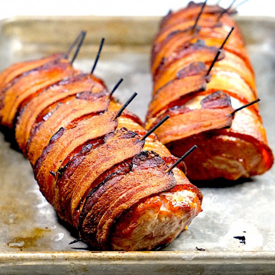 Bacon Wrapped Pork Tenderloin - Recipe photo by SipsNibblesBites