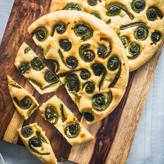 Fiddlehead Focaccia - Recipe photo by rhubarbandcod