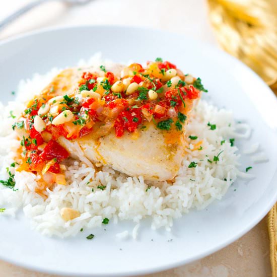 Mahi Mahi with Roasted Pepper - Recipe photo by Delicious Meets Healthy