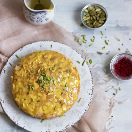 Cardamom Cake with Saffron Icing - Recipe photo by Ghezaeshiriin