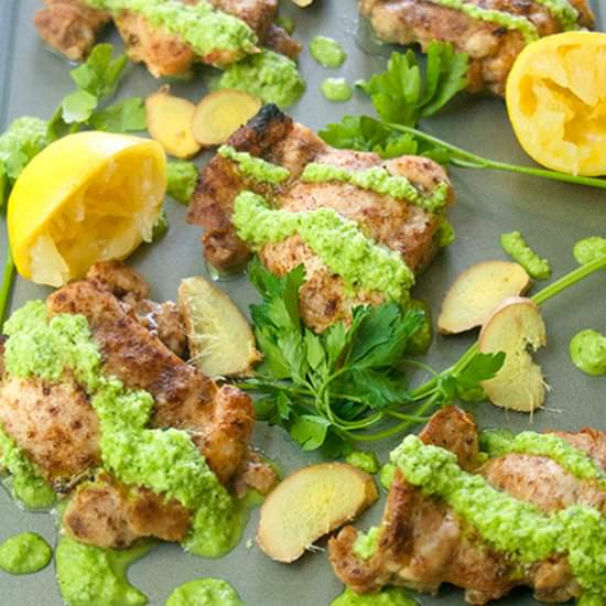 Baked Chicken Thighs & Green Sauce - Recipe photo by brightrootskitchen