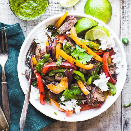 Steak Fajita Bowls with Chimichurri - Recipe photo by theviewfromgreatisland