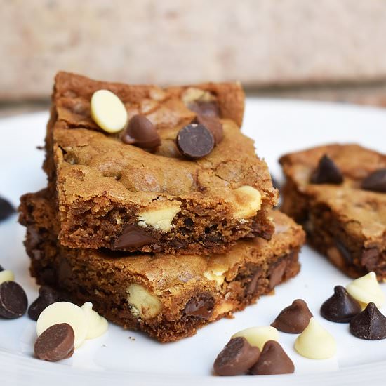 Triple Chocolate Chip Blondies - Recipe photo by lightscamerabake