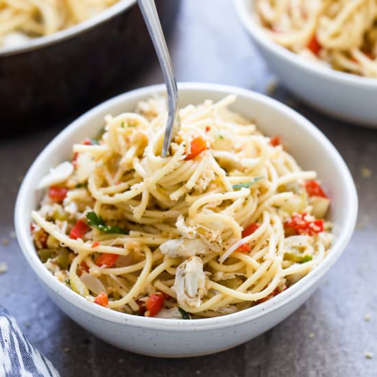 Crab Cake Spaghetti - Recipe photo by cookingforkeeps