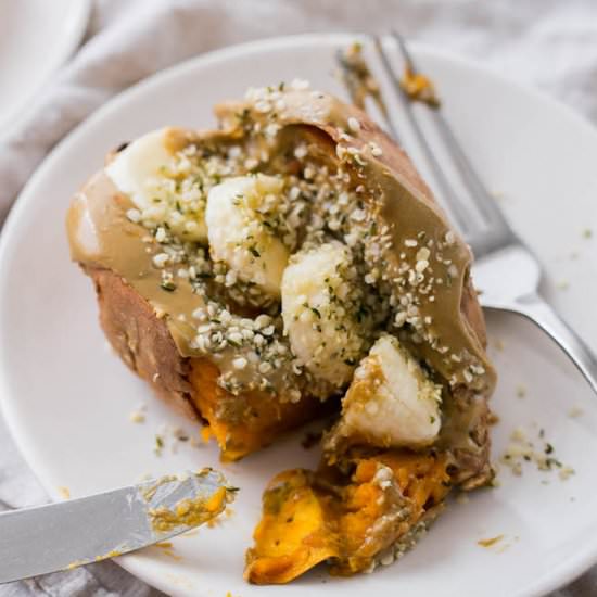 Baked Sweet Potato with Sun Butter - Recipe photo by thatcleanlife