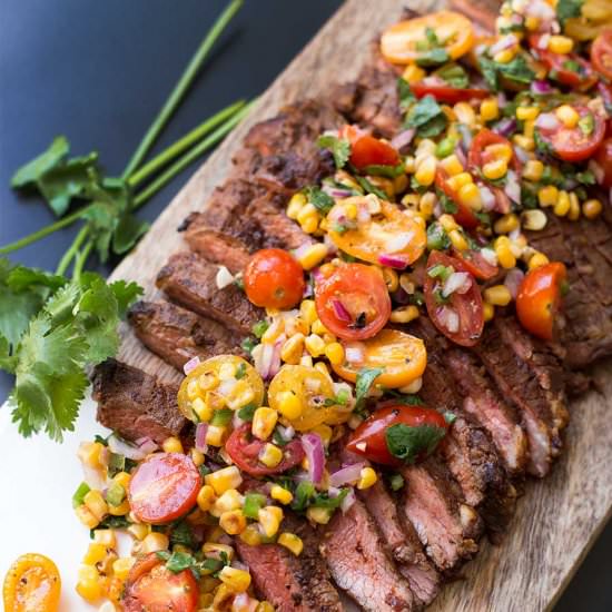 Chili Rubbed Steak with Corn Salsa - Recipe photo by Kiwi and Carrot