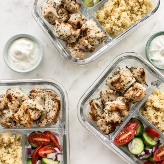 Chicken Souvlaki Meal Prep Bowls - Recipe photo by saltandlavender