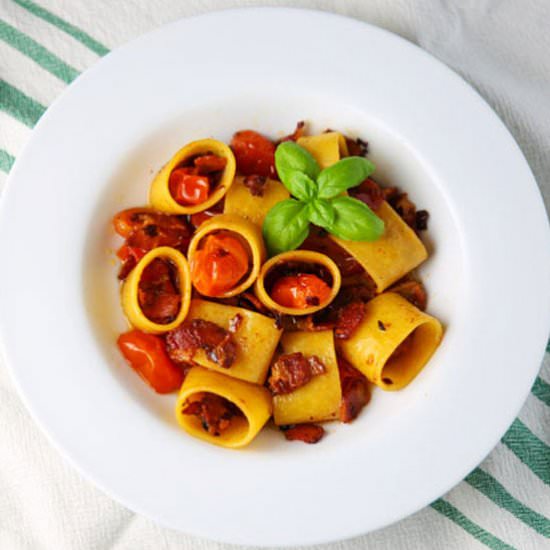 Calamarata with Bacon and Tomato - Recipe photo by Tastefulventure