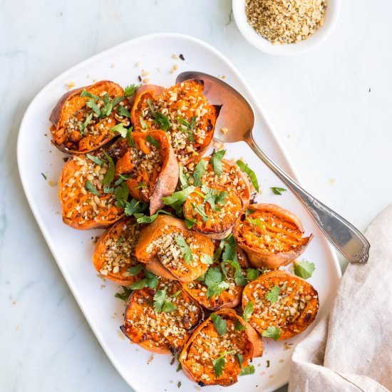 Smashed Sweet Potatoes with Dukkah - Recipe photo by Nourish Everyday