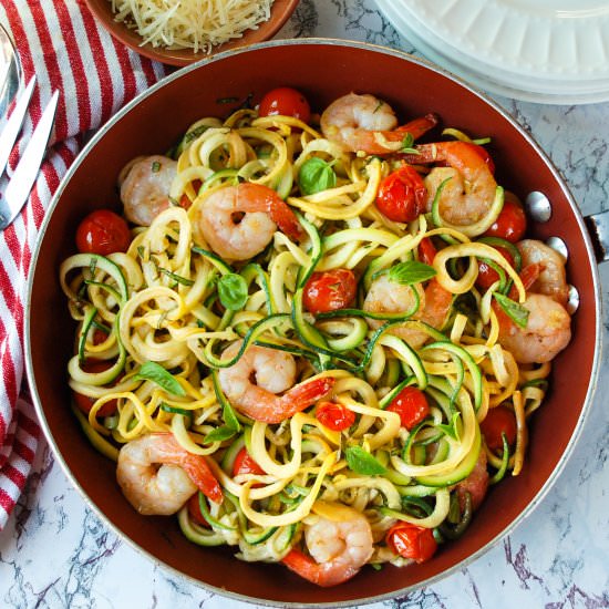 Garlic Shrimp with Squash Noodles - Recipe photo by mealsheelsandcocktails