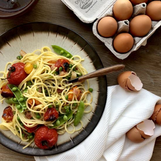 Carbonara w/ pancetta peas tomato - Recipe photo by Sneaky Mommies