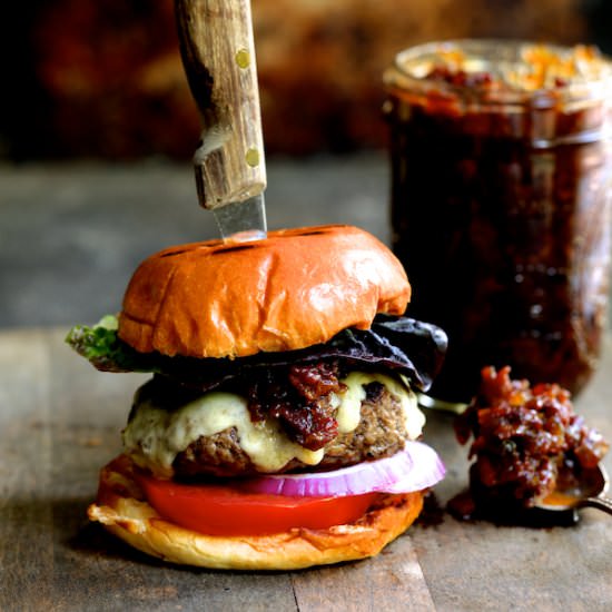 Burgers w/ Bacon Tomato Jam - Recipe photo by fromachefskitchen