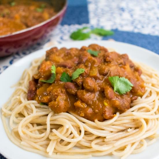 spaghetti w/ kidney beans bolognese - Recipe photo by mghthakkar