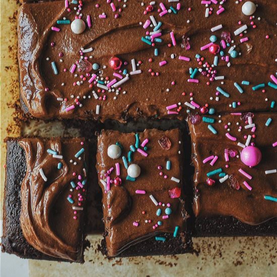 Best Vegan Chocolate Sheet Cake - Recipe photo by bakesalotlady