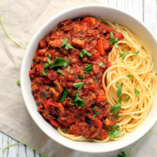 Lentil Bolognese - Recipe photo by happyveggiekitchen