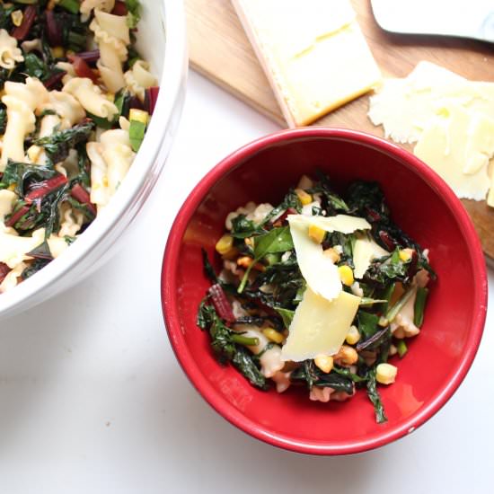 Chard, garlic scape, and corn pasta - Recipe photo by meandthemoose