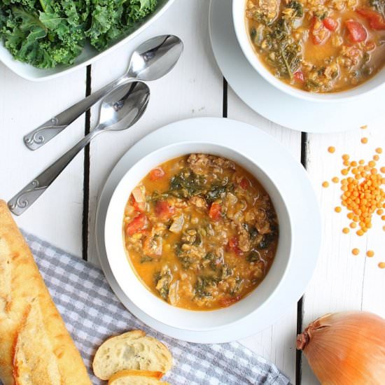 Spicy Sausage, Lentil and Kale Soup - Recipe photo by Midwest Foodie