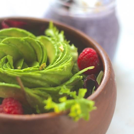 Avocado, Greens & Raspberry Salad - Recipe photo by Eat More Art
