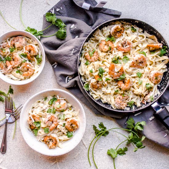 Creamy Shrimp Fettuccine Alfredo - Recipe photo by More Than You Can Chew