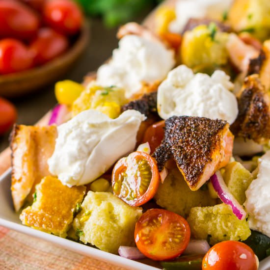 Burrata-Blackened Salmon Panzanella - Recipe photo by Burrata and Bubbles