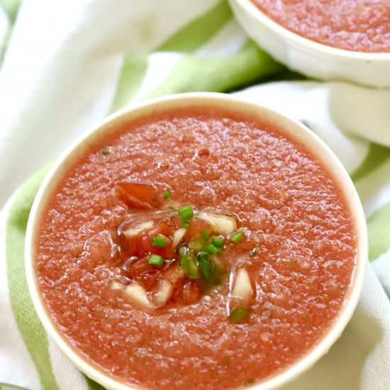 Chilled Watermelon Gazpacho Soup - Recipe photo by Grits and Pinecones