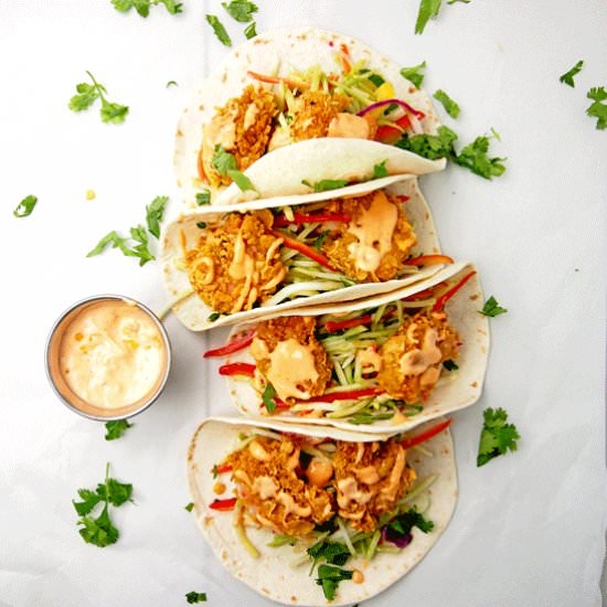 Healthier Bang Bang Shrimp Tacos - Recipe photo by AGratefulMeal