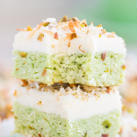 Coconut Pistachio Bars - Recipe photo by thegoldlininggirl