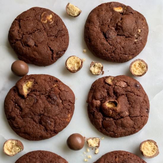 Double Chocolate Malteser Cookies - Recipe photo by SweetSavouryBlog