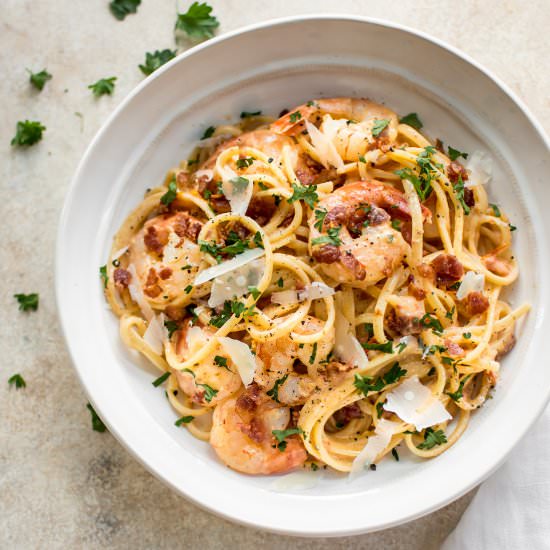 Shrimp and Bacon Pasta - Recipe photo by saltandlavender