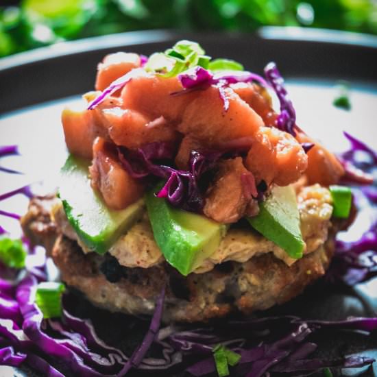 turkey burgers with peach chutney - Recipe photo by calm eats