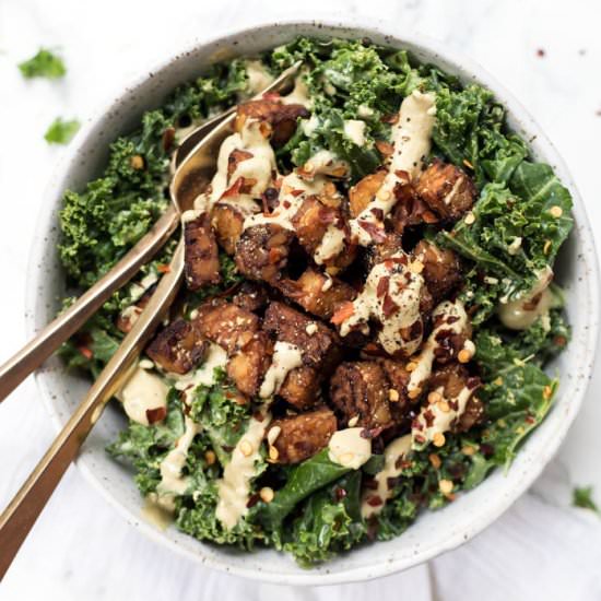 Kale Salad with Tempeh Croutons - Recipe photo by simplyquinoa