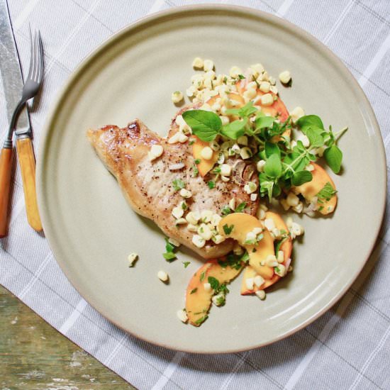 Pork Chops with Peach Corn Salsa - Recipe photo by the good eats co