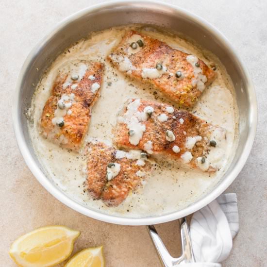 Creamy Salmon Piccata - Recipe photo by saltandlavender