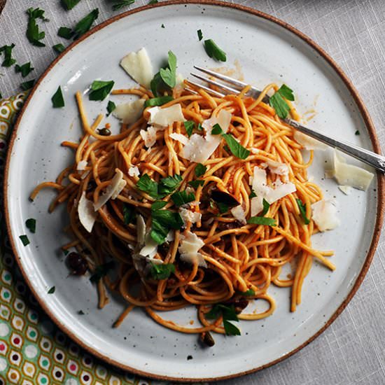 Spaghetti Puttanesca - Recipe photo by A Little and A Lot