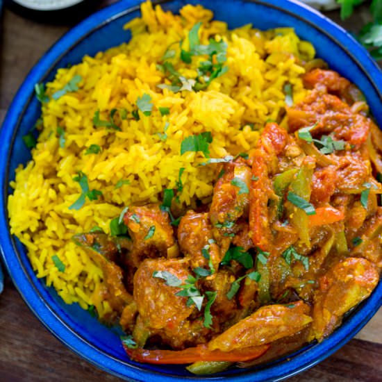 Chicken Jalfrezi with pilau rice - Recipe photo by KitchenSanctuary