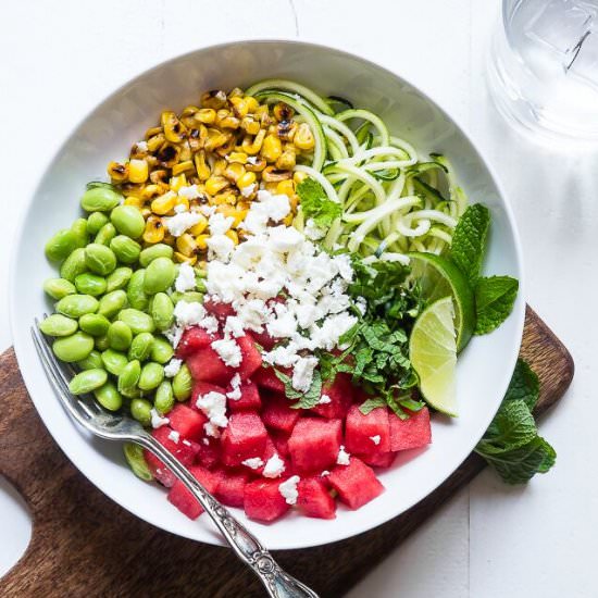 Maple Lime Watermelon Zoodle Bowls - Recipe photo by foodfaithfitness