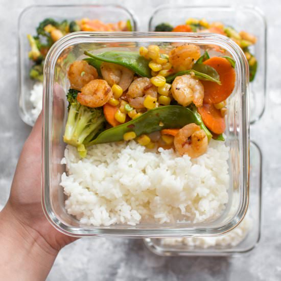 Sriracha Honey Shrimp Meal Prep - Recipe photo by Carmy @ carmyy.com