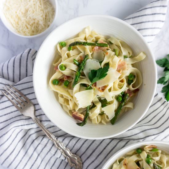 Fettuccine bacon peas - Recipe photo by pinabresciani