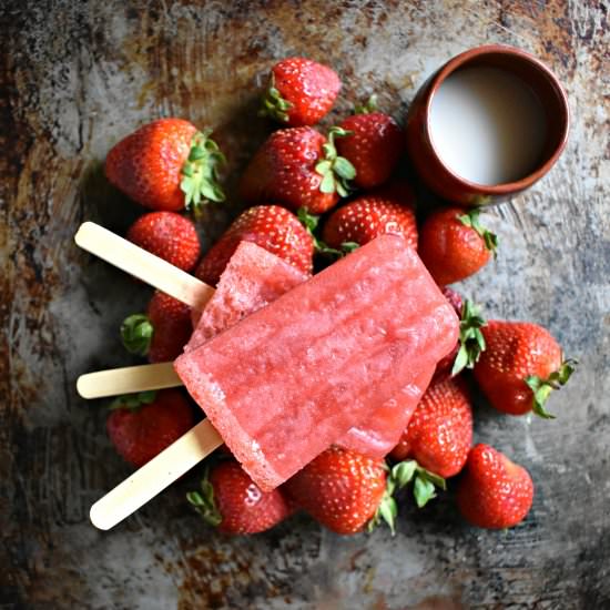 Strawberry Rosé Popsicles with Sake - Recipe photo by The Boozy Oyster