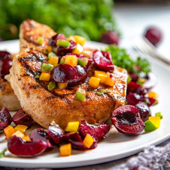 Grilled Pork Chops and Cherry Salsa - Recipe photo by keviniscooking