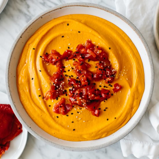 Roasted Red Pepper Hummus - Recipe photo by Downshiftology