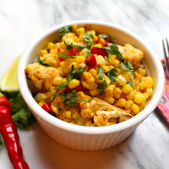 Corn and Cauliflower with Chilies - Recipe photo by vegancabinlife