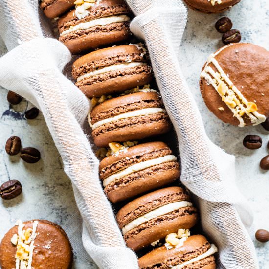 Espresso Peanut Butter Macarons - Recipe photo by piesandtacos